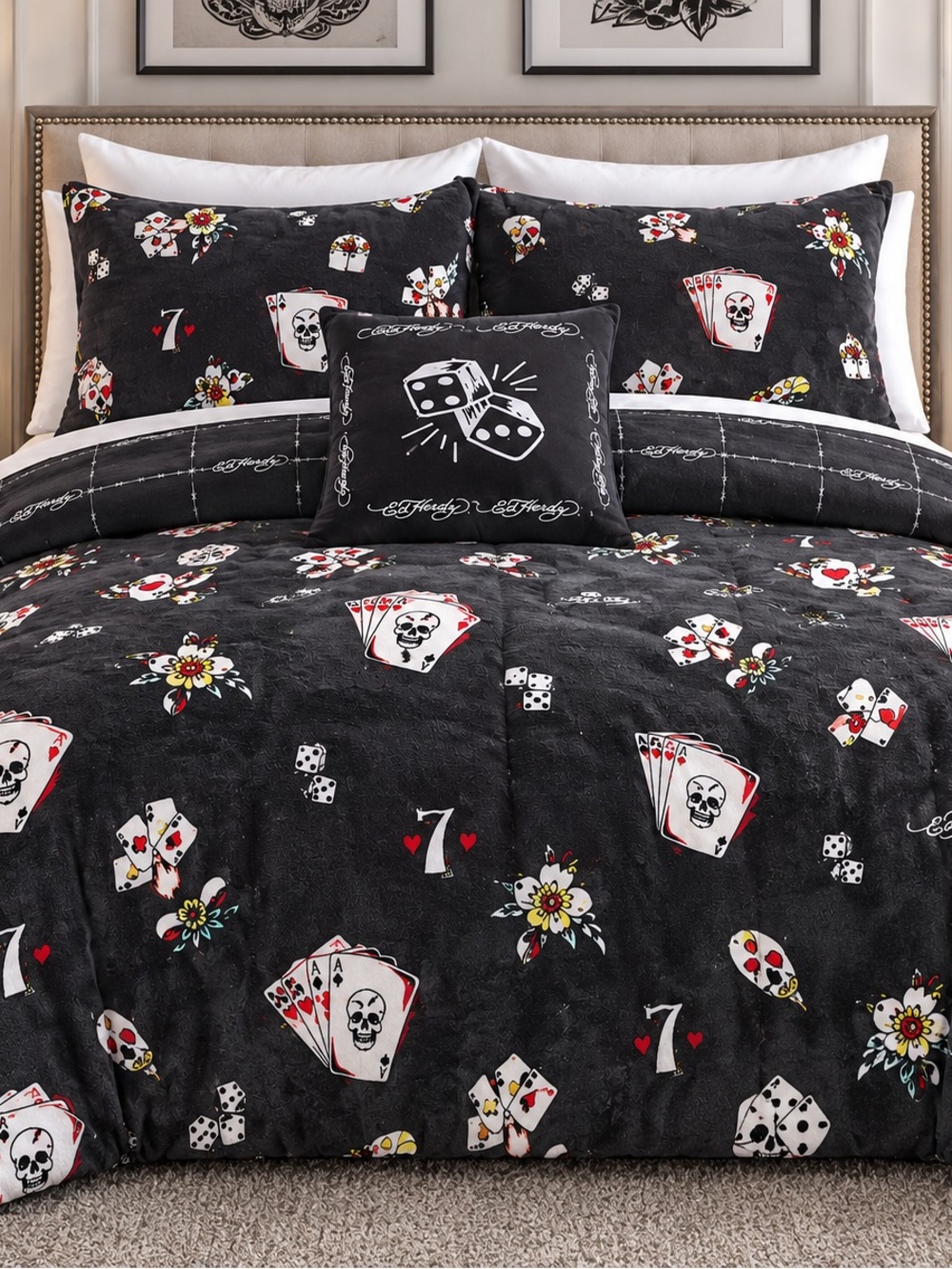 Ed Hardy Full Queen Reversible Plush Comforter Bedding Set 4 Piece Gray